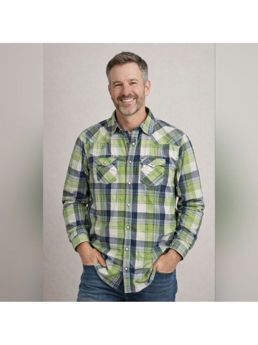 Aeropostale L Plaid Snap Shirt Green Blue Western Cowboy Casual